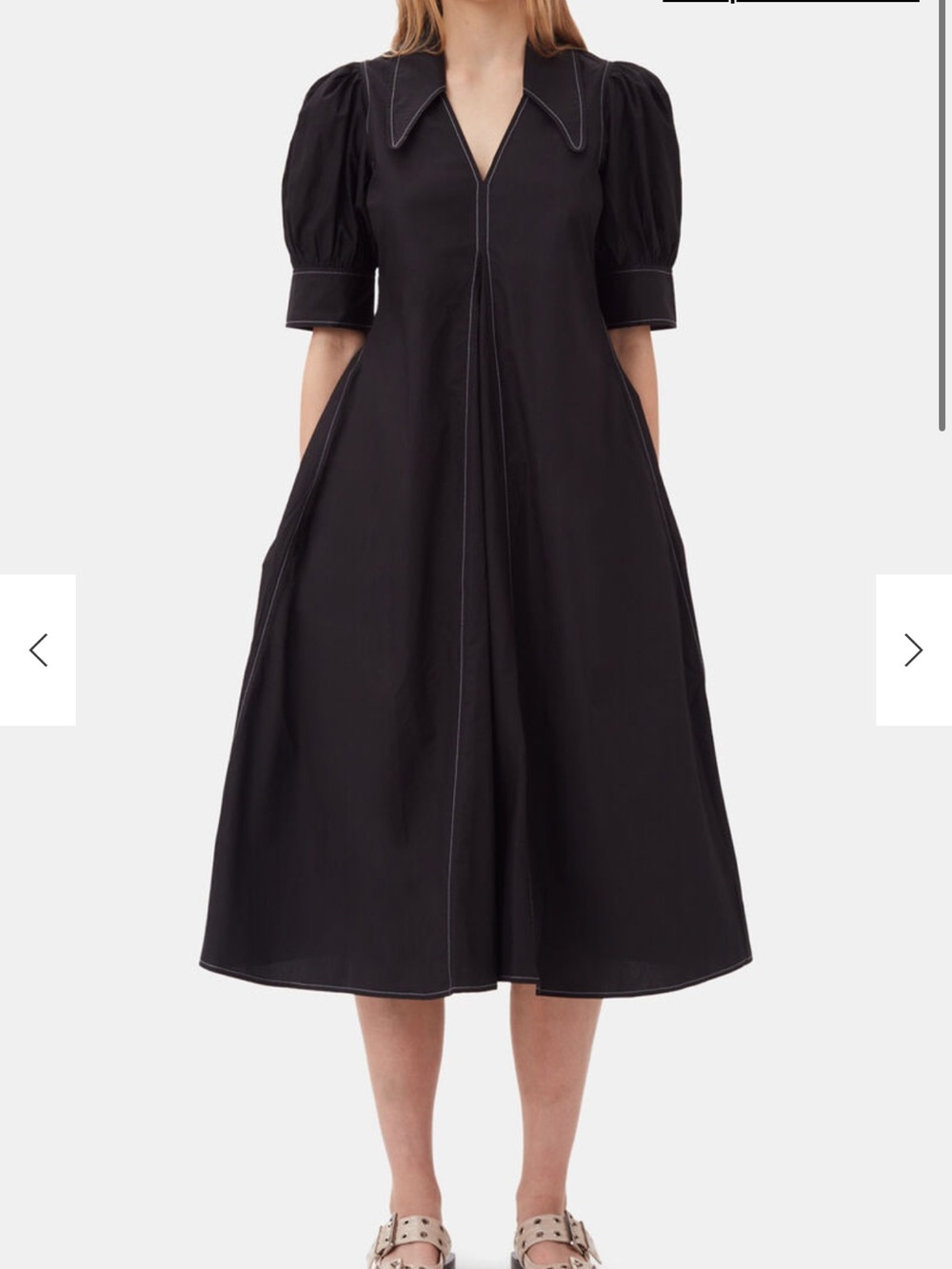 Ganni Black Puff-Sleeve Midi Dress with Contrast Stitching XS